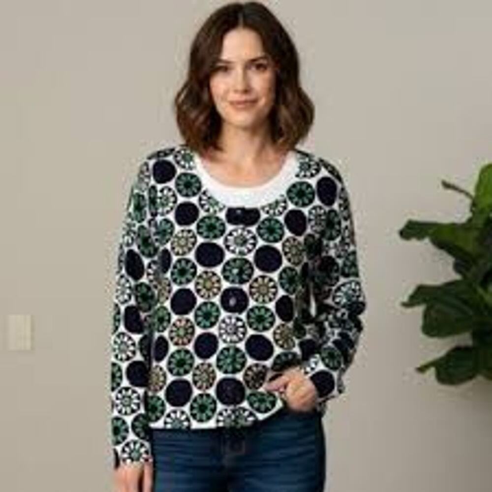 Charter Club Navy Green Floral Button Front Cardigan Sweater Women's Size XL